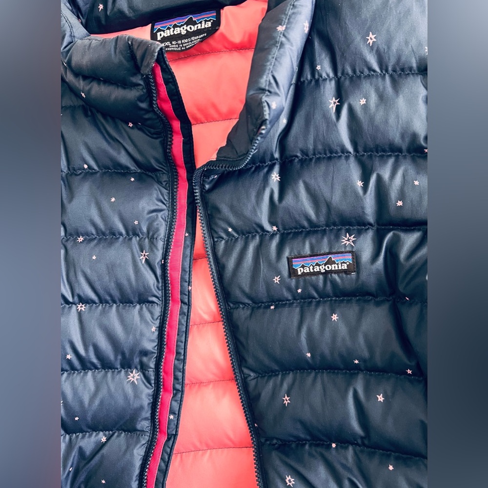 Patagonia Girls Down Jacket XXL 16-18 Great Conditions,navy w pink stars,Minty!! - Picture 4 of 12